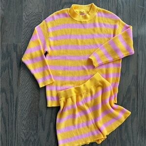 Striped Yellow and Pink Women Shorts and Matching Pullover Sweater Set